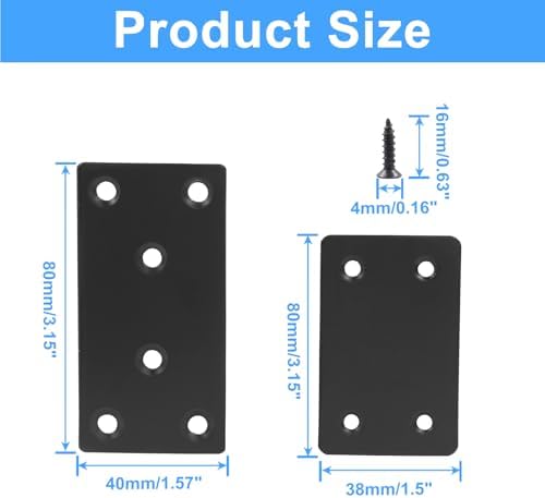 Bonsicoky 8 Pcs Flat Straight Brace Brackets, Black, 3.15"x1.5" + 2.4"x1.5"