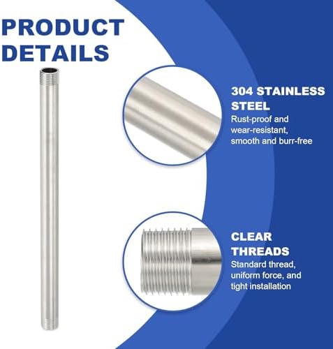 PATIKIL 304 Stainless Steel Pipe Fitting, 2 Pack 1/2" BSP Male x 1/2" BSP Male Threaded 12" Length Nipple Cast Pipe for Extending Piping, Silver