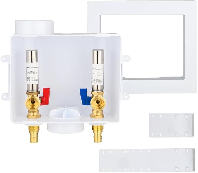 EFIELD Universal Washing Machine Outlet Box, 1/2-inch Pex-A Expansion Fitting Connection With Stainless Steel Water Hammer Arrestor, Center Drain,(WM053)
