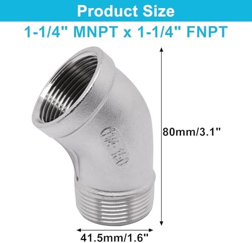 1PCS 45 Degree Elbow Fittings, 1-1/4" NPT Male to 1-1/4" NPT Female 304 Stainless Steel Pipe Fitting, Connector Coupler Apply to Outdoor Garden Industrial