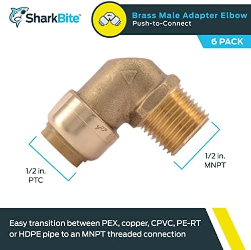 SharkBite 1/2 Inch 90 Degree Male Adapter Elbow, Pack of 6, Push to Connect Brass Plumbing Fitting, PEX Pipe, Copper, CPVC, PE-RT, HDPE, U280LF