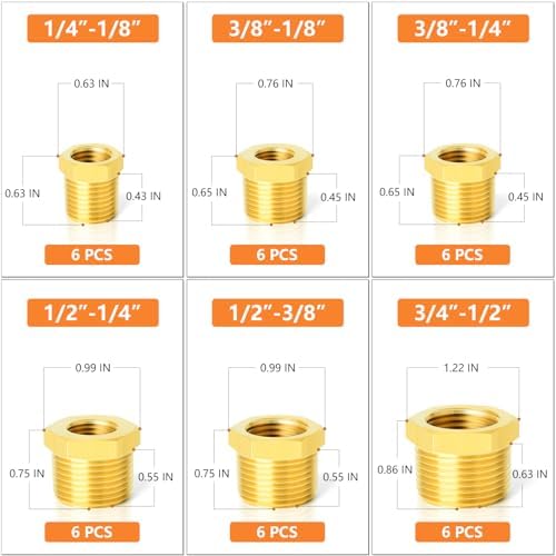 GASHER 36PCS Brass Hex Bushing Fitting Kit Hex Bushing 1/4" - 1/8", 3/8" - 1/8", 3/8" - 1/4", 1/2" - 1/4", 1/2" - 3/8", 3/4" - 1/2"