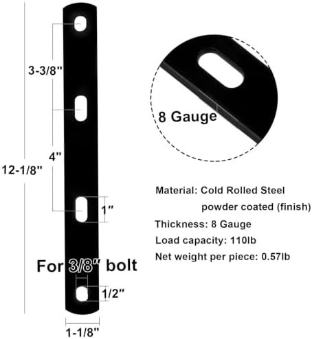 6 PCS 12" Black Flat Mending Plate Slotted Straight Bar Bracket