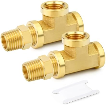 GASHER 2PCS Brass Tee Pipe Fittings, 1/4" NPT Female x 1/4" NPT Female x 1/4" NPT Male Pipe Fittings, Male Run Tee
