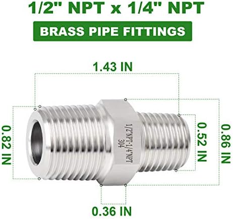 TAISHER 2PCS 304 Stainless Steel Hex Nipple, Reducer Pipe Fitting 1/2-Inch Male Pipe x 1/4-Inch Male Pipe