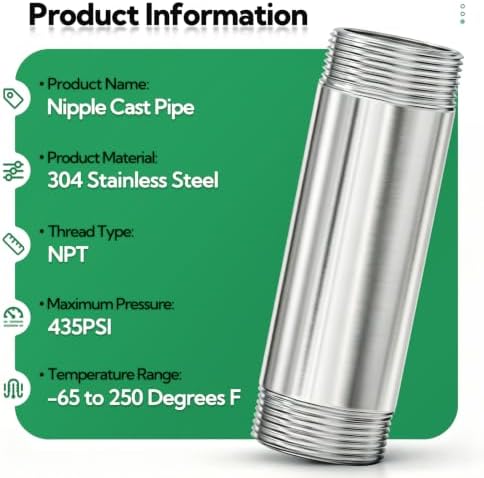 TAISHER 4Pcs 304 SS Nipple Cast Pipe Fitting, 1" NPT Male, 4" Length