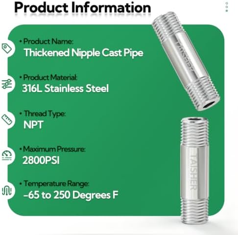 TAISHER 2Pcs 316 Thickened Nipple Cast Pipe,1/4" NPT Male, 2" Length
