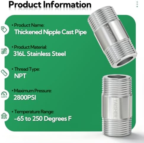 TAISHER 2Pcs 316 Thickened Nipple Cast Pipe,3/4" NPT Male, 2" Length