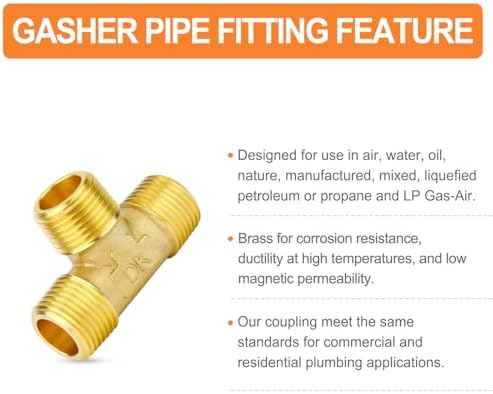 GASHER 5PCS Brass Male Tee Pipe Fitting T Adapter, 3 Way Brass Fitting 3/8" x 3/8" x 3/8" NPT T Fitting