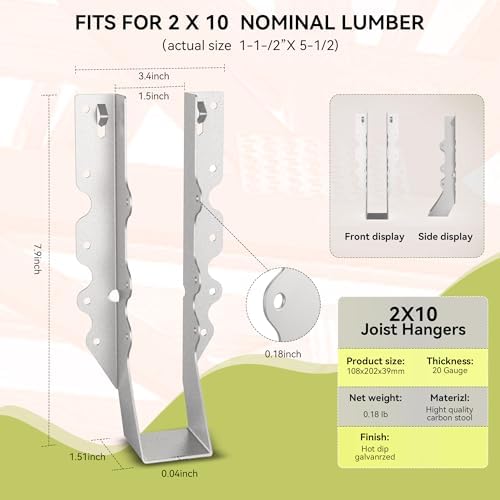 20 pcs 2x10 Joist Hanger,LU210 18 Gauge Galvanizing Face Mount Joist Hangers for Wood,Hurricane Tie for Rafter Fits Truss Connectors,Rafter Hangers 2x10 Great for Floor Deck and Ceiling Joists