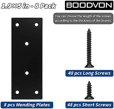 Mending Plate, Metal Steel Flat Straight Brace Bracket, Black Double-Wide Joining Plate for Wood Furniture Fastening & Fixing with 2 Sets of Screws of Different Lengths(48x128mm, 8 Pack)