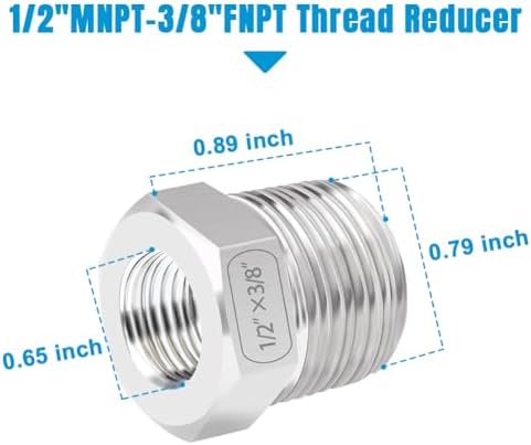 Quickun Stainless Steel Reducing Hex Bushing, 1/2" Male NPT to 3/8" Female NPT, Reducer Bushing Pipe Hose Fitting （Pack of 5）