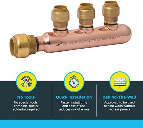 SharkBite 3/4 Inch x 1/2 Inch Outlet 3 Port Closed Multi-Port Tee, Push-to-Connect Brass Plumbing Fittings, PEX, Copper, CPVC, 25553LF