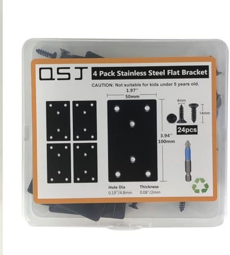 QSJ 4 Pack Black Flat Mending Plate,Six-Hole Metal Bracket, Straight Steel Brace 3.94 x 1.97'', Fixing Joining Plate for Wood with 24PCS Screws, 1x Screwdriver.