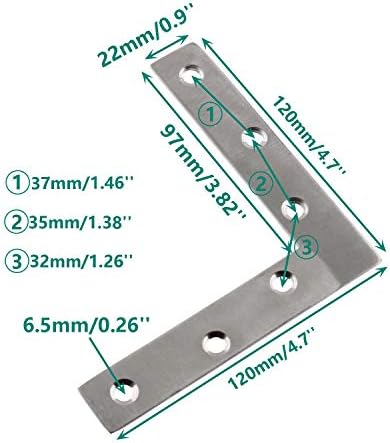 4 Pack Stainless Steel L Shape Flat Corner Bracket Plate - Repair Mending for Wood, Metal Fixing, Joining Support Brace for Shelves, Furniture and Cabinet (120x120mm)