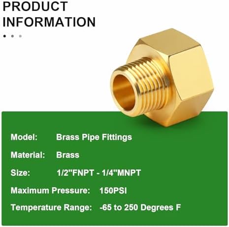 TAISHER 3PCS Brass Pipe Fitting, Reducer Adapter, 1/2" Female x 1/4" Male NPT Pipe