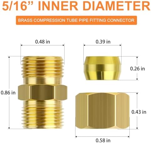 GASHER 20PCS Brass Compression Tube Pipe Fitting Connector, 5/16" Tube OD x 5/16" Tube OD Connector