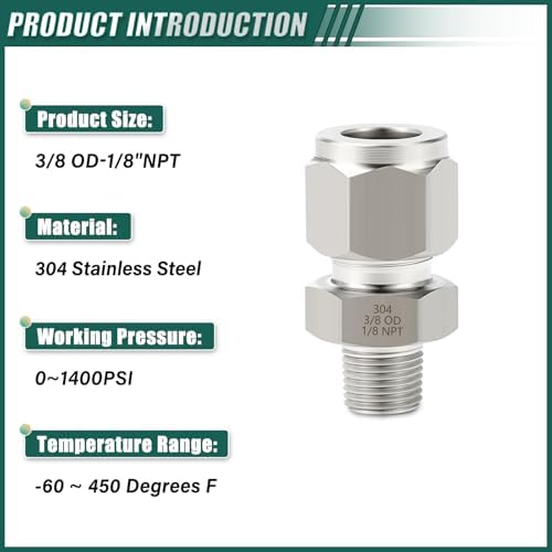 304 Stainless Steel Compression Tube Fittings, 3/8" Tube OD x 1/8" NPT Male Straight Adapter, 5PCS for Fuel/Air/Liquid/Oil/Gas/Vacuum Lines