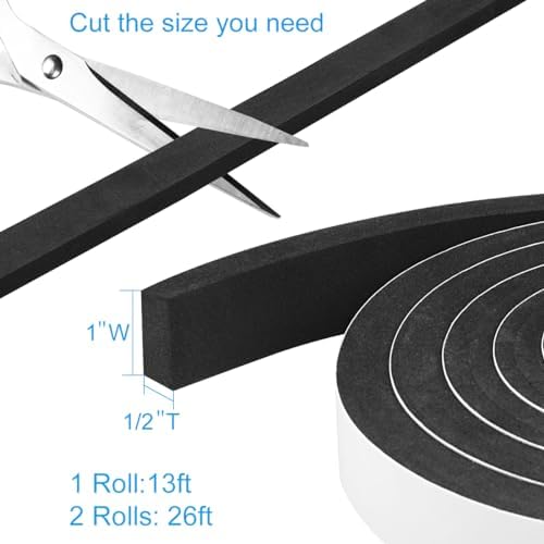 Seal Foam Tape, 2 Rolls 1 Inch W x 1/2 Inch T Weather Stripping for Door and Window,High Density Single Sided Closed Cell Door Insulation Weather Strip, 2 Rolls Total 13FT Black
