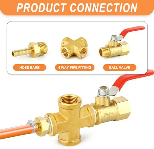 GASHER 5PCS Brass Pipe Fitting, Cross 4 Way Pipe Fitting, 3/8" x 3/8" x 3/8" x 3/8" NPT Female Pipe
