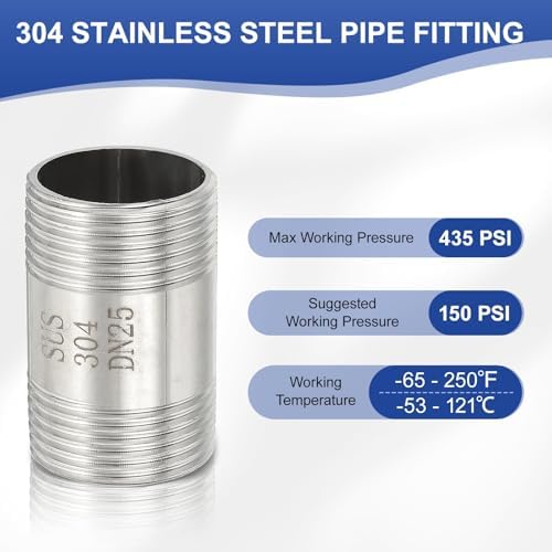PATIKIL 304 Stainless Steel Pipe Fitting, 2 Pack 1" BSP Male x 1" BSP Male Threaded 2" Length Nipple Cast Pipe for Extending Piping, Silver