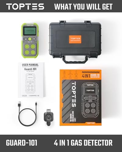 TopTes Guard-101 4 Gas Monitor Multi Detector for H2S, CO, LEL, and O2, with Vibration, Visual, and Audible Alarms, 14h Long Battery Life, Safety Explosion-Proof, for Work, Home - Green