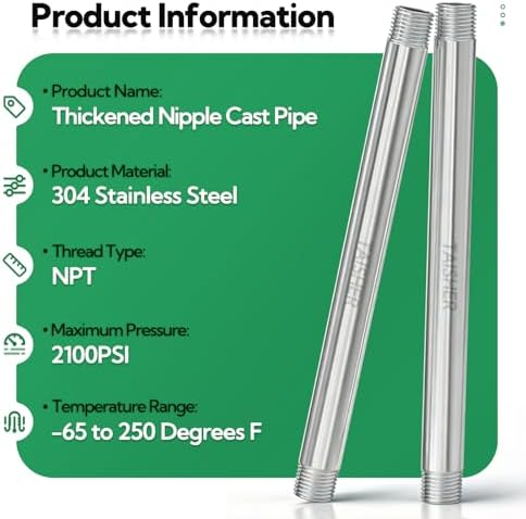TAISHER 2Pcs Thickened Nipple Cast Pipe 1/2" NPT Male, 8" Length