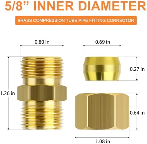 GASHER 5PCS Brass Compression Tube Pipe Fitting Connector, 5/8" Tube OD x 5/8" Tube OD Connector