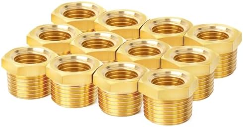 ChillWaves Brass Pipe Fitting, Reducer Hex Bushing 1/4" NPT Male x 1/8" NPT Female Thread Adapter(12-PACK)