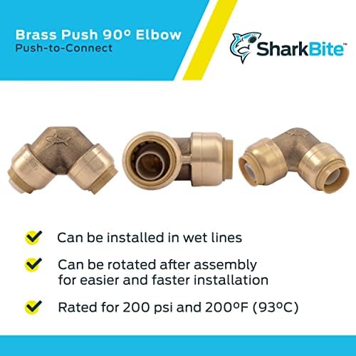 SharkBite 1/2 Inch 90 Degree Elbow, Pack of 10, Push to Connect Brass Plumbing Fitting, PEX Pipe, Copper, CPVC, PE-RT, HDPE, U248LFCP