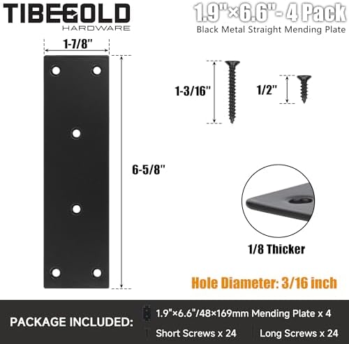 Mending Plate, Black Metal Flat Straight Brace Bracket, Double-Wide Metal Plate, Joining Plate for Wood Furniture Fence Fastening with Screws in 2 Different Lengths (48x169mm, 4 Pack)