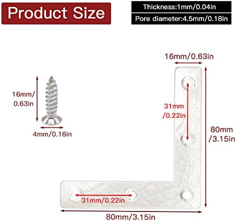 20-Pack Stainless Steel L-Shape Corner Brace 3.15x3.15Inch for Wood