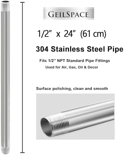 GeilSpace 1/2" x 24" 304 Stainless Steel Nipple Pipe Fitting, NPT Threaded