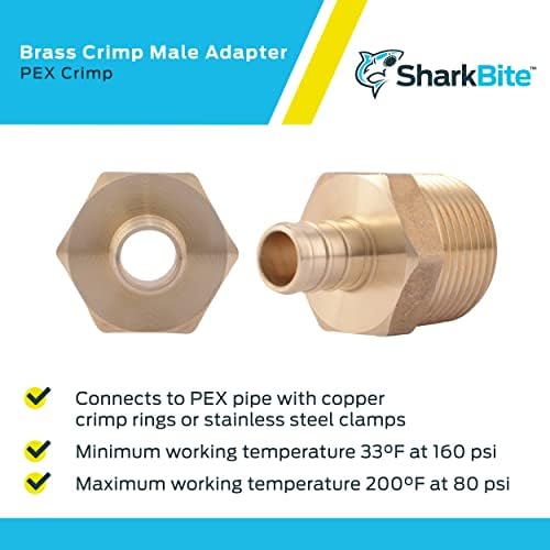 SharkBite 1/2 x 3/4 Inch Crimp MNPT Male Adapter, Pack of 25, Brass Plumbing Fitting, PEX Pipe, Copper, UC116LF