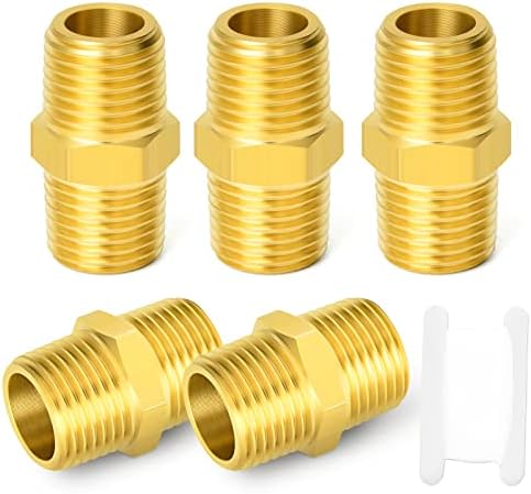GASHER 5PC Brass Pipe Fitting, Reducing Hex Nipple, 1/2-Inch Male Pipe x 1/2-Inch Male Pipe