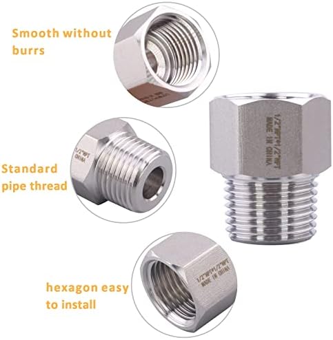 Forged Reducer Adapter Fitting - Stainless Steel 304 Reducing Pipe Connector, 1/2" NPT Female x 1/2" NPT Male (pack of 2)