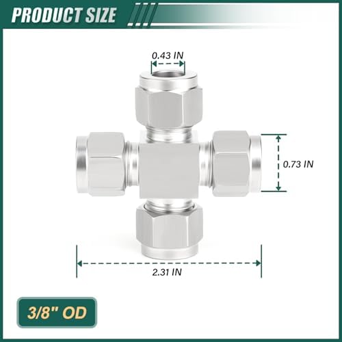 1PCS 304 Stainless Steel 4 Way Compression Tube Pipe Fitting Connector, 3/8" Tube OD 4 Way Adapter for fuel/air/liquid/oil/gas/vacuum pipelines