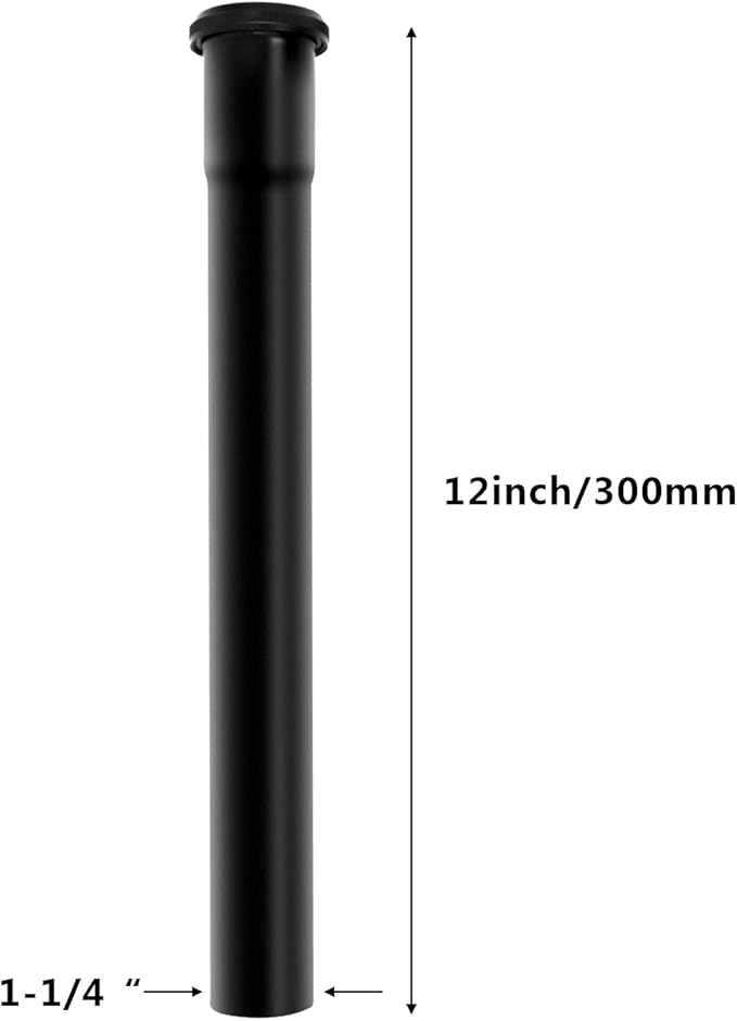 Brass Slip Joint Extension Tube，1-1/4 Inch O.D(32mm) x 12 Inch P Trap Extension Pipe with Nut and Rubber Washer, Sink Drain Tailpiece for Bathroom Kitchen(Matte Black)