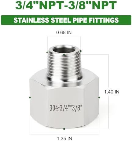 TAISHER 5PCS 304 Stainless Steel Pipe Fitting, Reducer Adapter, 3/8" NPT Male x 3/4" NPT Female