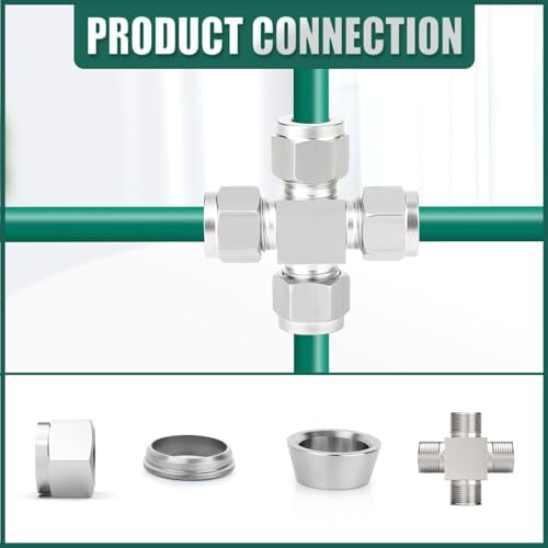 1PCS 304 Stainless Steel 4 Way Compression Tube Pipe Fitting Connector, 3/8" Tube OD 4 Way Adapter for fuel/air/liquid/oil/gas/vacuum pipelines