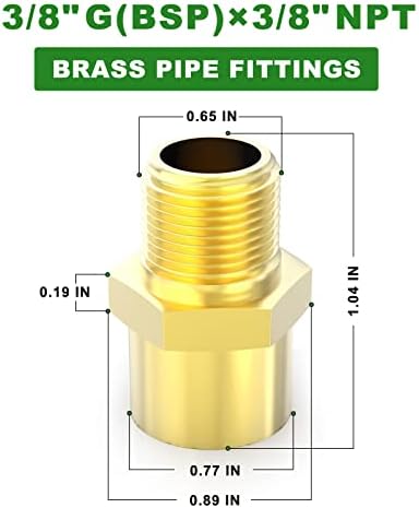 TAISHER 5PCS Brass Pipe Fitting, Adapter, 3/8" NPT Male x 3/8" G Thread (BSP) Female