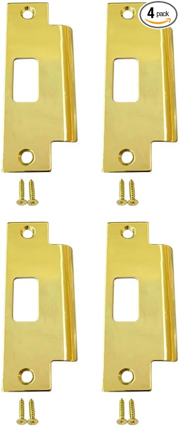 QCAA Solid Brass Extended Replacement Lock Strike Plate, Round Corner, 4-7/8" for Deadbolt, Polish Brass, 4 Pack, Made in Taiwan