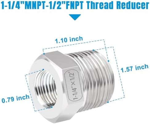 Quickun Stainless Steel Reducing Hex Bushing, 1-1/4" Male NPT to 1/2" Female NPT, Reducer Bushing Pipe Hose Fitting