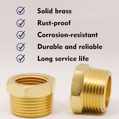 3/4" Male NPT to 1/2" Female NPT Solid Brass Reducer Hex Bushing,(2 Pack), Reducing Cast Pipe Adapter Fitting, Brass Pipe Hose Tube Fitting Hex Head Bushing Adapter Convert