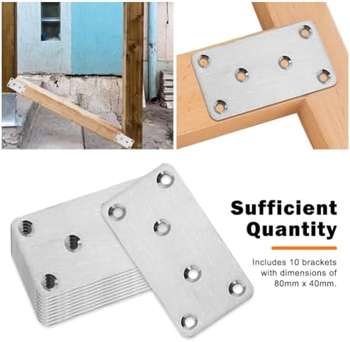 10‑Pack Stainless‑Steel Flat Mending Plates,80×40×1.75mm Wood Joining Bracket for Furniture Repair