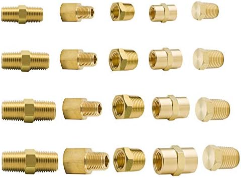 MeiChi 64pcs Brass Pipe Fitting Assortment Kits Hex Head Plug + Reducing NPT Adapter + Reducer Bushing + Hex Nipple + Hex Coupling for 1200 PSI