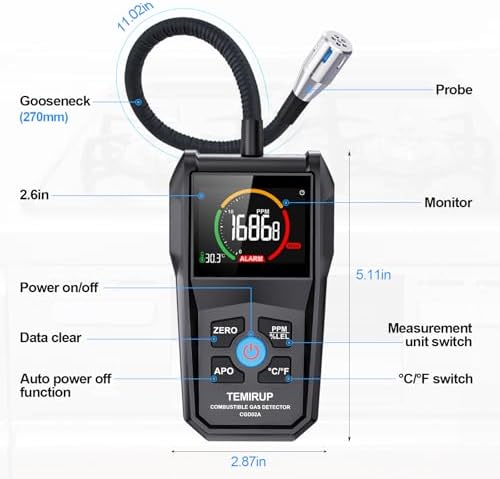 Gas Leak Detector, TEMIRUP Natural Propane Gas Sniffer Combustible Gas Leak Detector with 50-50000PPM 100% LEL, 2.6'' Color LCD Display,Temperature Measure, 12" Flexible Probe,High Sensitivity