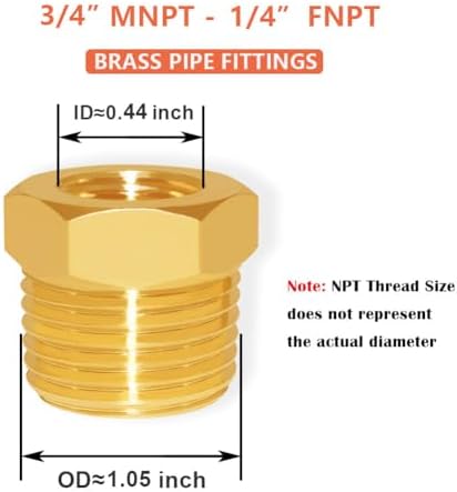 Hooshing 2PCS Brass Reducer Hex Bushing 3/4" NPT Male x 1/4" NPT Female