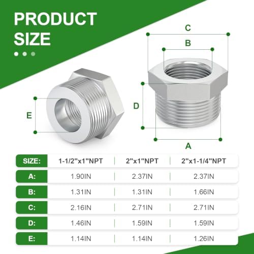 TAISHER 1PCS Forging of 304 Stainless Steel Hex Bushing, 1-1/2" Male NPT to 1" Female NPT, Reducing Cast Pipe Adapter Fitting