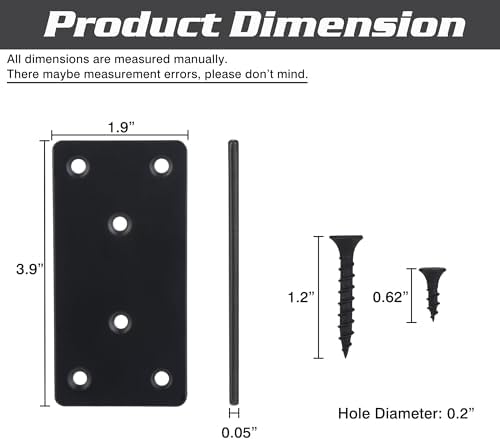 Metal Steel Flat Straight Brace Bracket, Black Double-Wide Joining Plate for Wood Furniture Fastening & Fixing with 2 Sets of Screws of Different Lengths (50x100mm, 6 Pack)